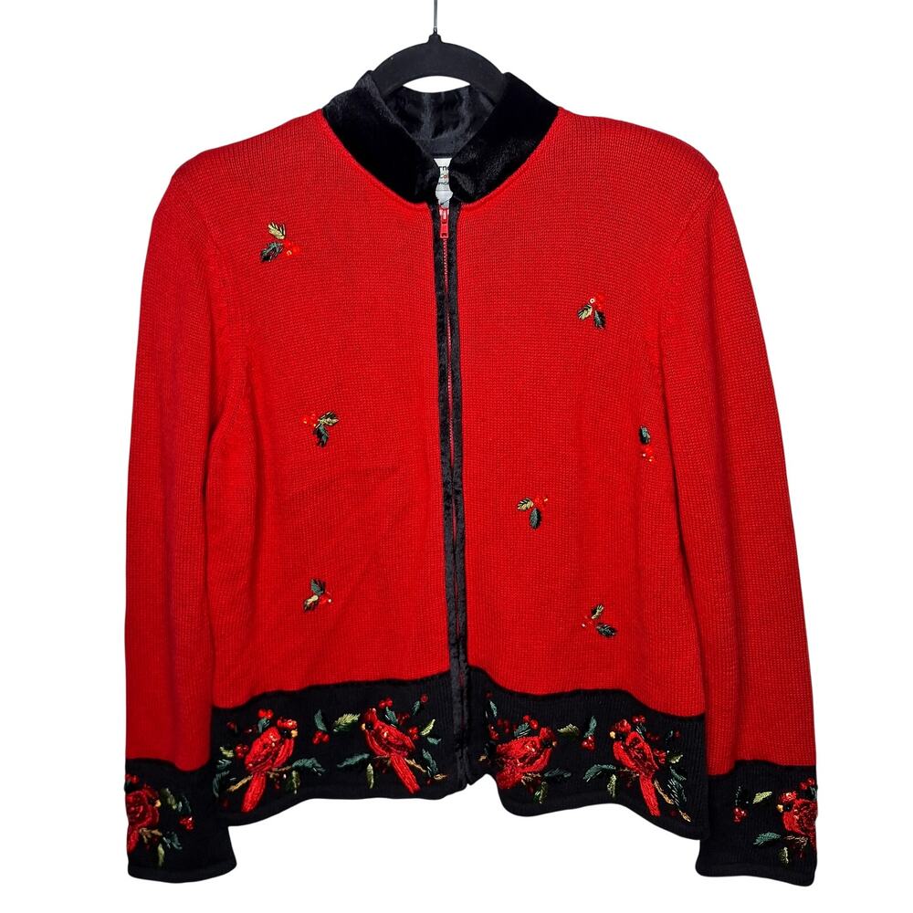 Vintage Cardinal Christmas Cardigan Sweater Tiara International M Zip Velvet